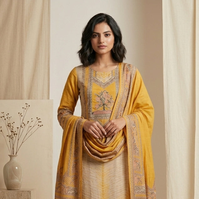 Golden Yellow Floral 3 Pcs Suit Set