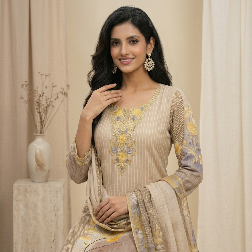 Beige Floral Printed 3 Pcs Suit Set