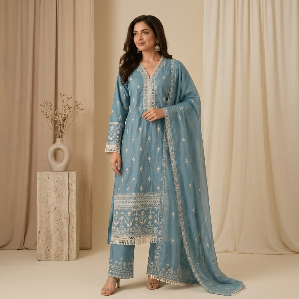 Powder Blue Embroidered 3 Pcs Suit Set