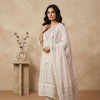 Ivory Pink Motif 3 Pcs Suit Set