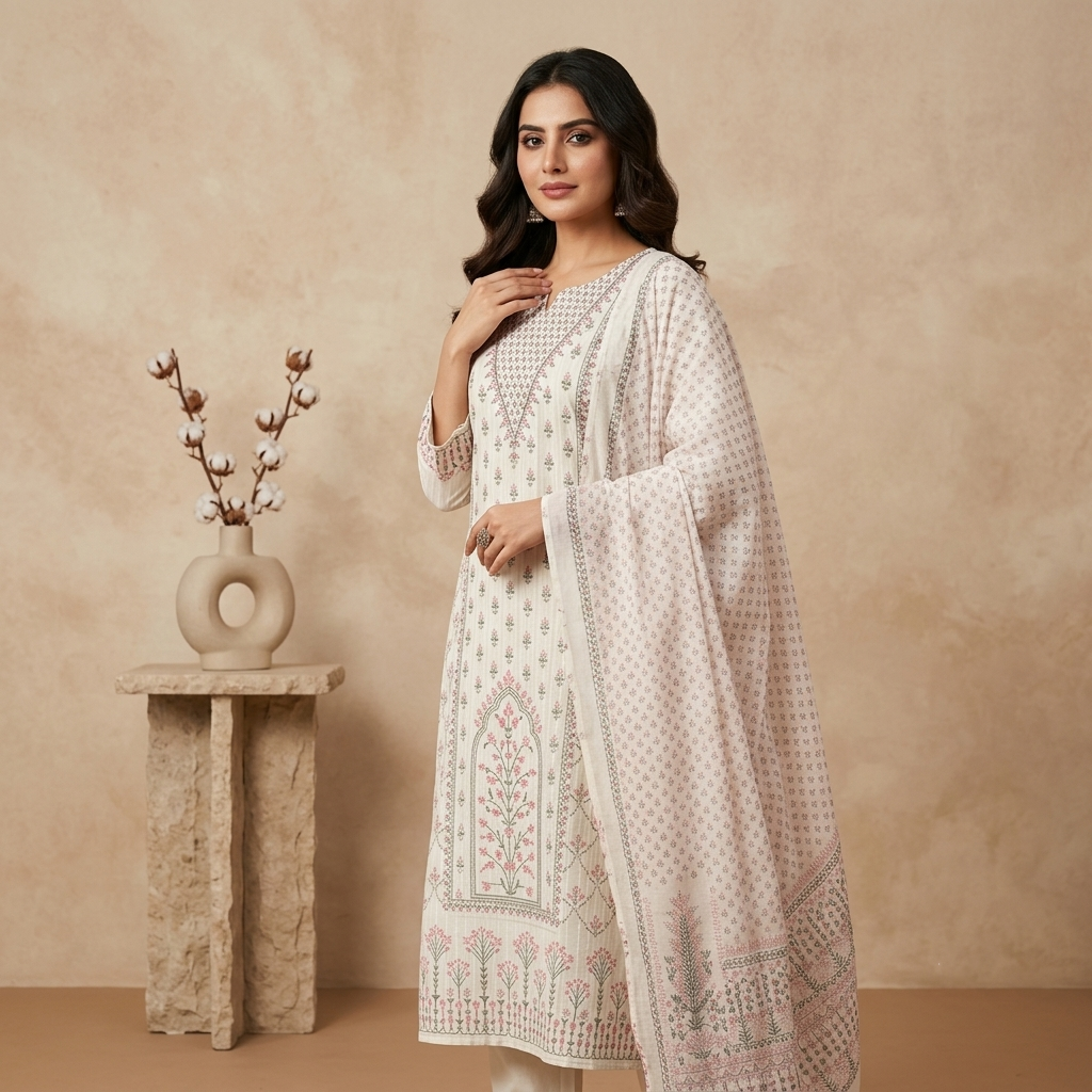 Ivory Pink Motif 3 Pcs Suit Set