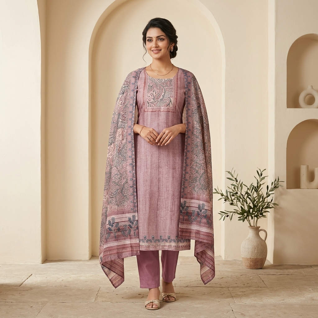 Mauve Printed 3 Pcs Suit Set