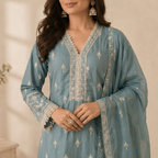 Powder Blue Embroidered 3 Pcs Suit Set