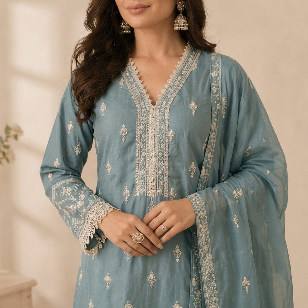 Powder Blue Embroidered 3 Pcs Suit Set