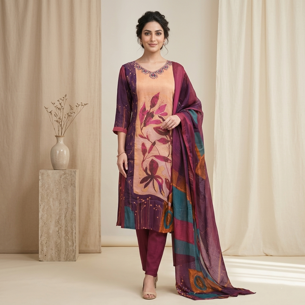 Wine Botanical Print 3 Pcs Suit Set