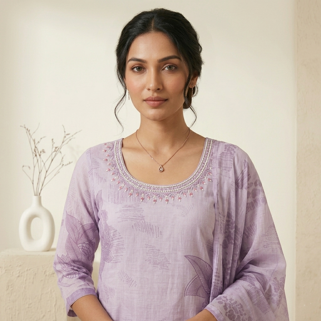 Lavender Printed 3 Pcs Suit Set