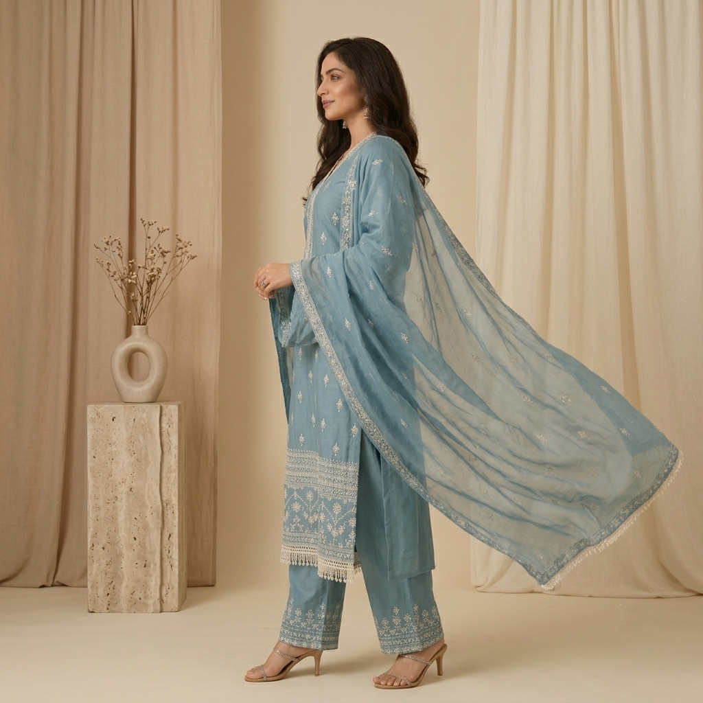 Powder Blue Embroidered 3 Pcs Suit Set
