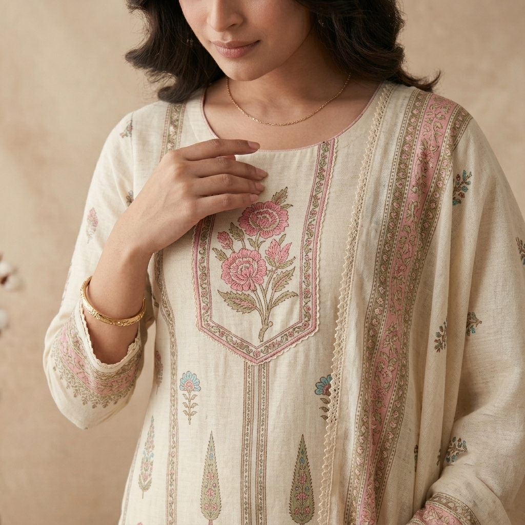 Ivory Pink Floral 3 Pcs Suit Set