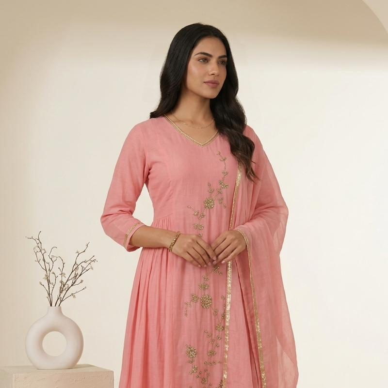 Pink Anarkali 3 Pcs Suit Set