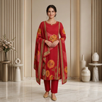 Red Floral Print 3 Pcs Suit Set