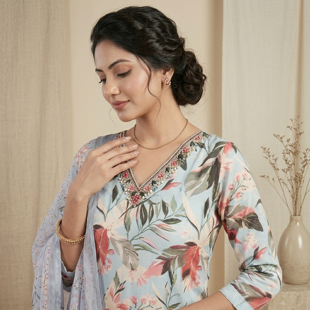 Blue Tropical Print 3 Pcs Suit Set