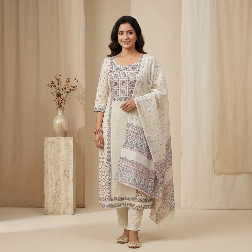 Ivory Printed 3 Pcs Suit Set