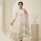 Ivory Printed Anarkali 3 Pcs Suit Set