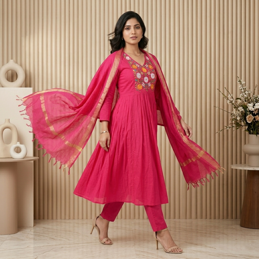 Rani Pink Embroidered Anarkali 3 Pcs Suit Set
