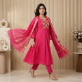 Rani Pink Embroidered Anarkali 3 Pcs Suit Set