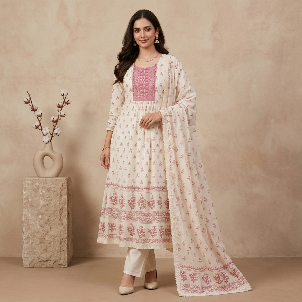 Ivory Pink Anarkali 3 Pcs Suit Set