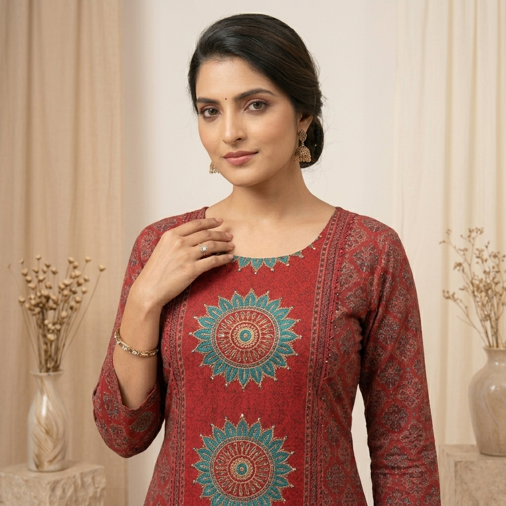 Red Ethnic Print Kurta Set
