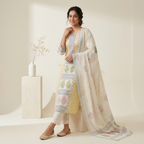 Yellow Ethnic Floral Printed 3 Pcs Suit Set