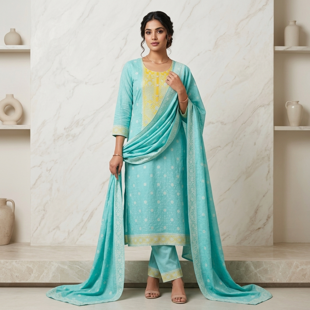 Aqua Blue Printed Embroidered 3 Pcs Suit Set