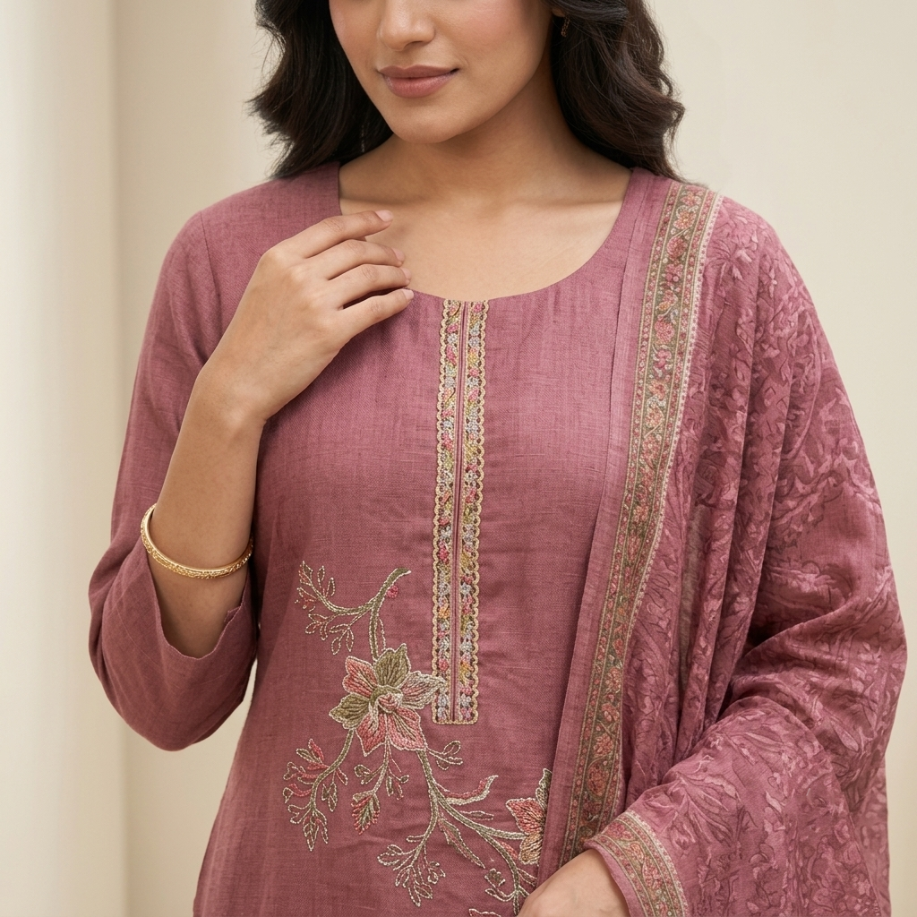 Rosewood Pink Floral Embroidered 3 Pcs Suit Set