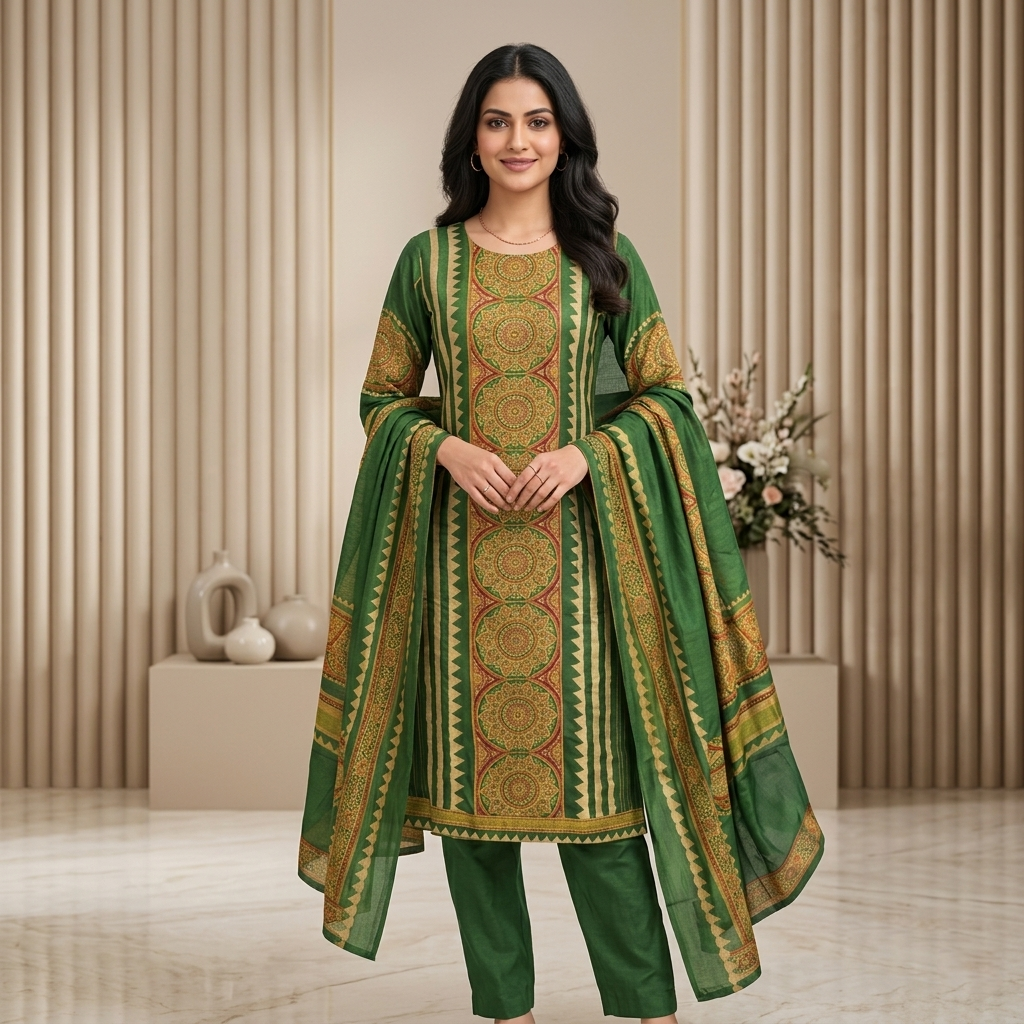 Ajrakh Folk Print Green 3 Pcs Suit Set