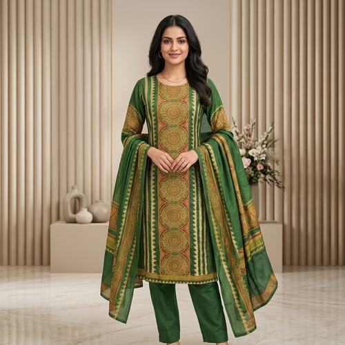 Ajrakh Folk Print Green 3 Pcs Suit Set