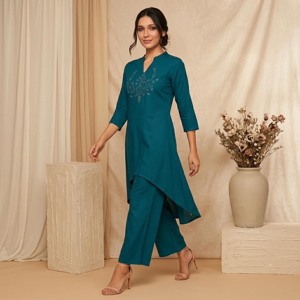 Teal Embroidered Kurti Palazzo Set