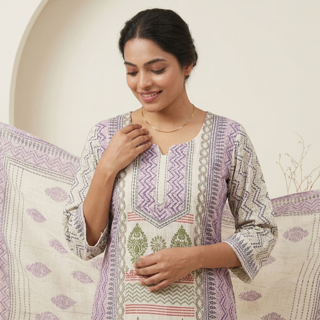 White Ethnic Floral Printed 3 Pcs Suit Set