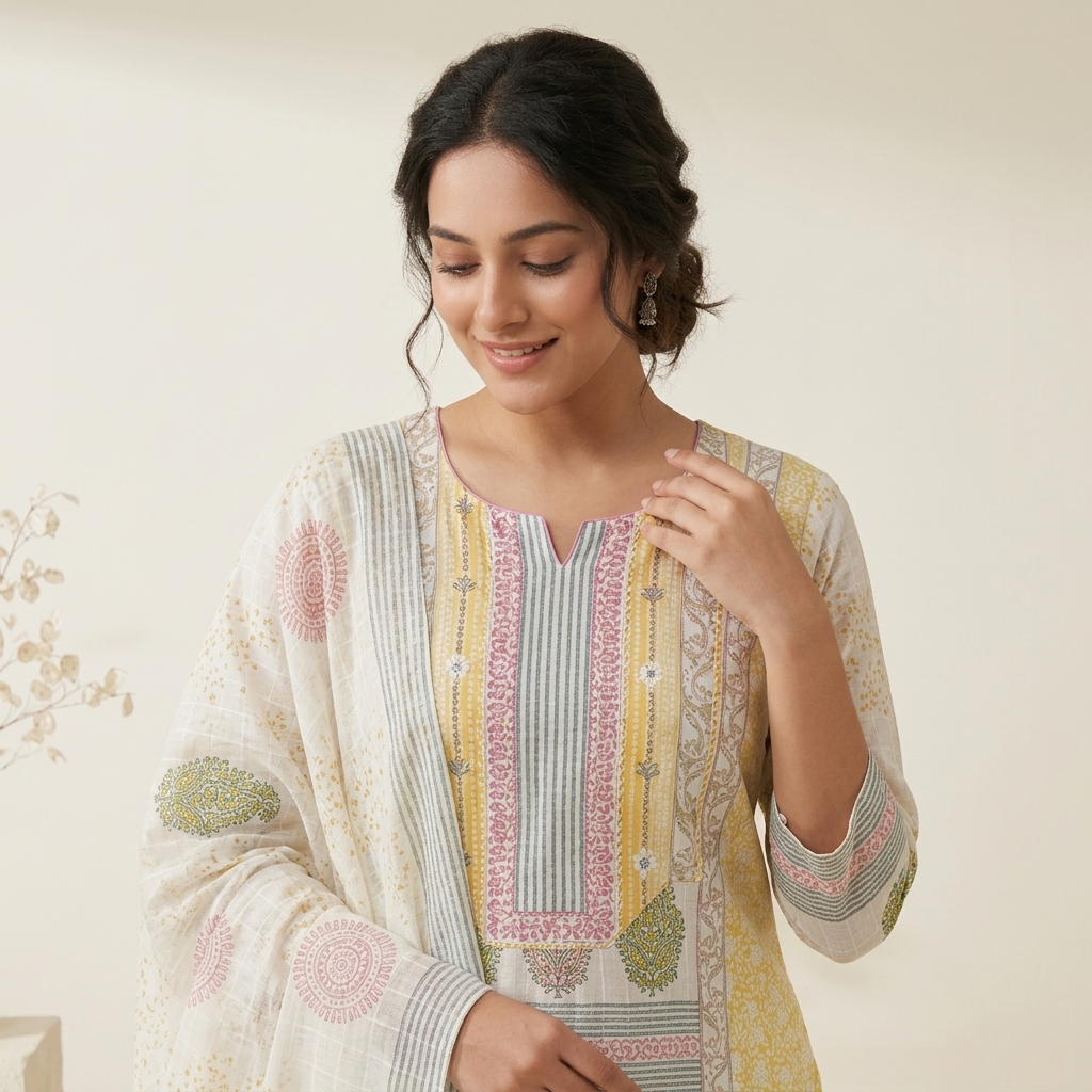 Yellow Ethnic Floral Printed 3 Pcs Suit Set