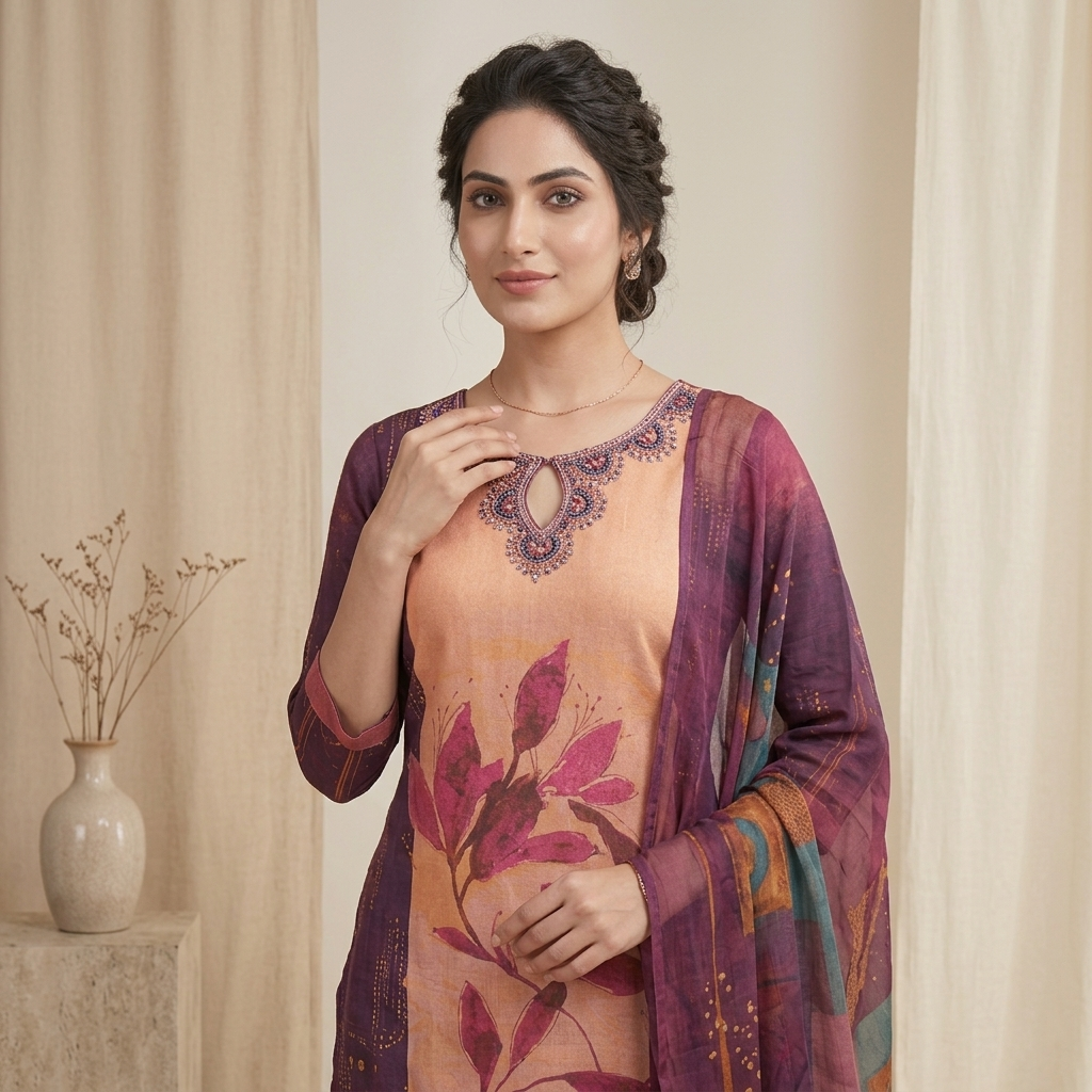 Wine Botanical Print 3 Pcs Suit Set