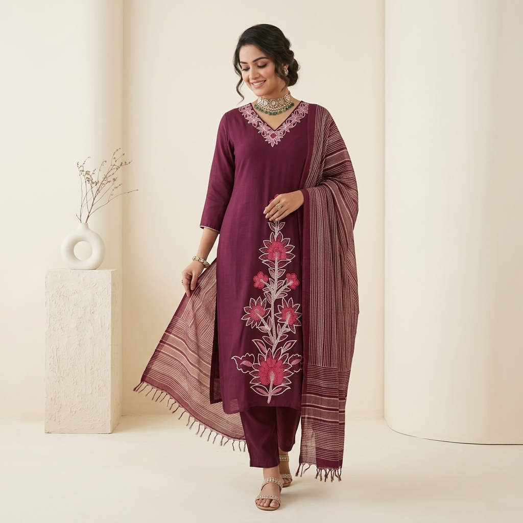Marroon Embroidered Straight 3 Pcs Suit Set