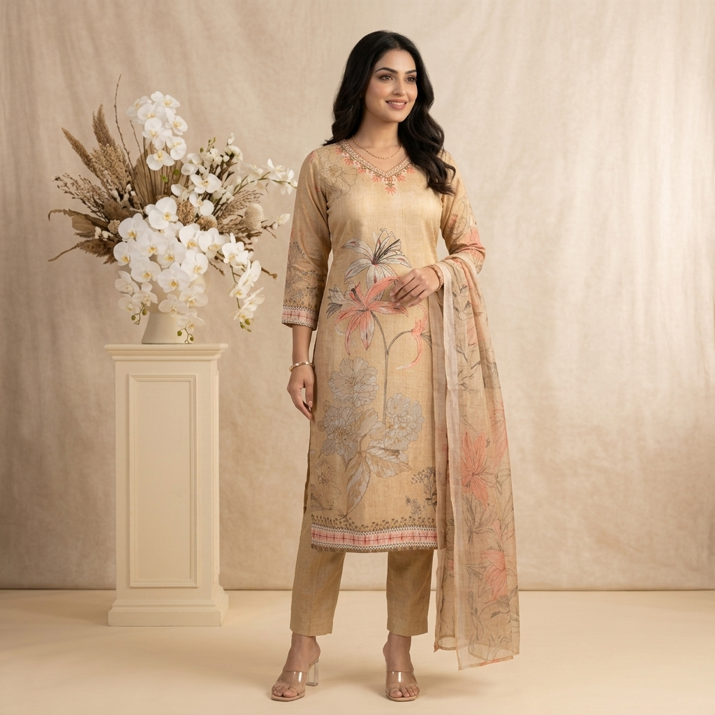 Beige Blossom Printed 3 Pcs Suit Set