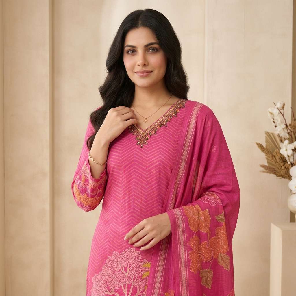 Pink Botanical Print 3 Pcs Suit Set