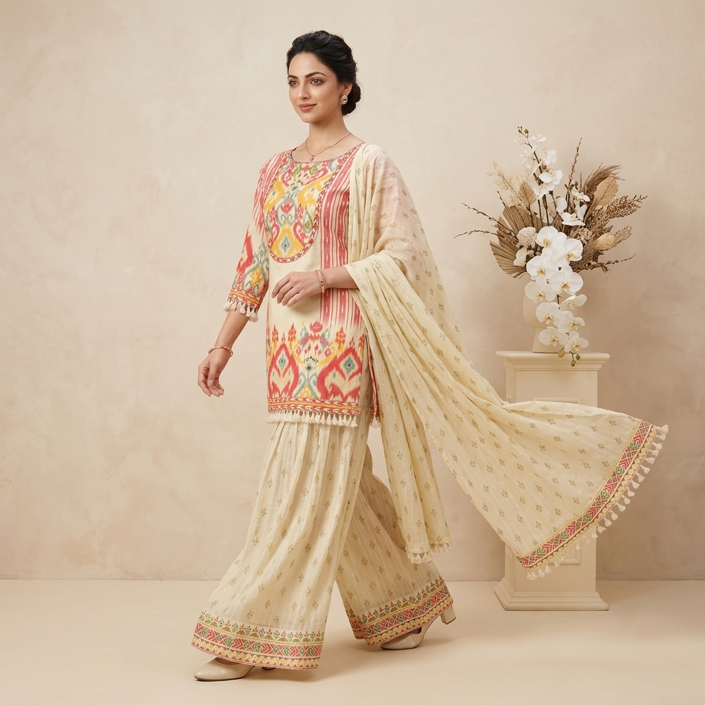 Ivory Ikat 3 Pcs Suit Set