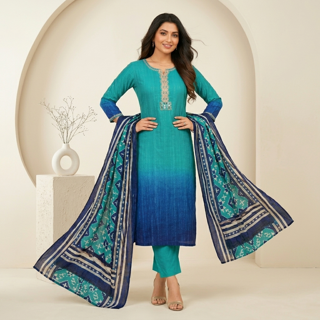 Teal Blue Ombre 3 Pcs Suit Set