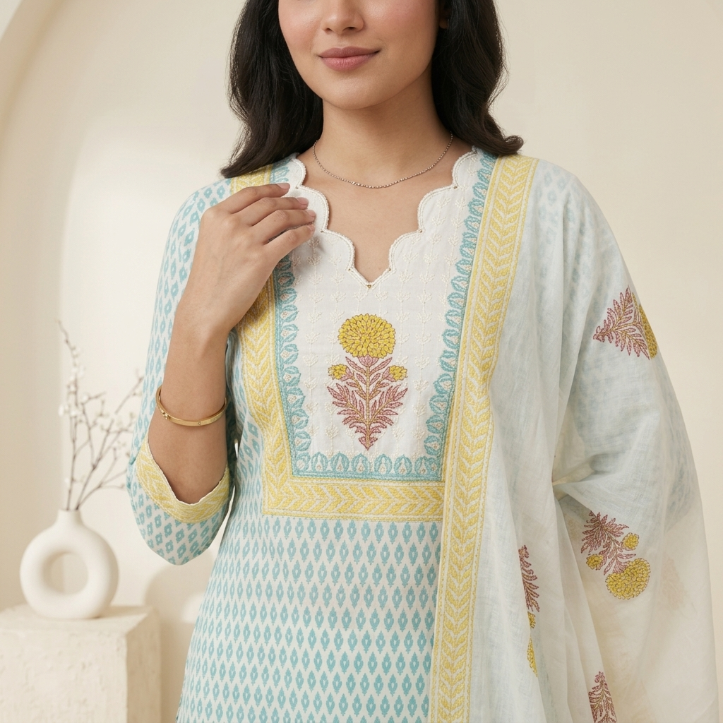 Sky Blue Floral Printed 3 Pcs Suit Set
