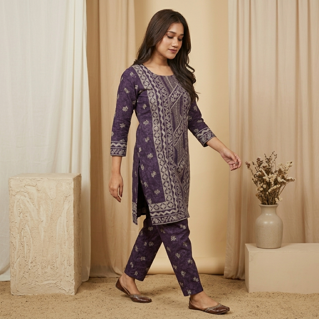 Royal Motif Purple Kurta Set