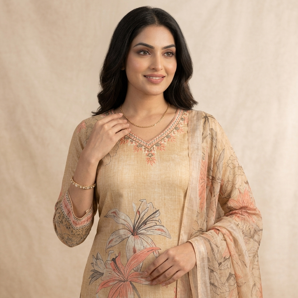 Beige Blossom Printed 3 Pcs Suit Set