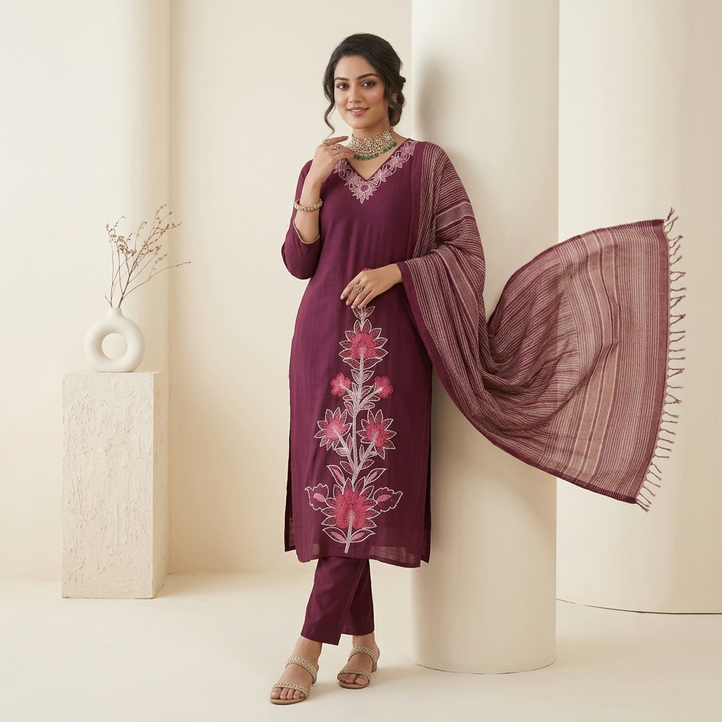 Marroon Embroidered Straight 3 Pcs Suit Set