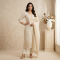 Cream Floral Embroidered 3 Pcs Suit Set