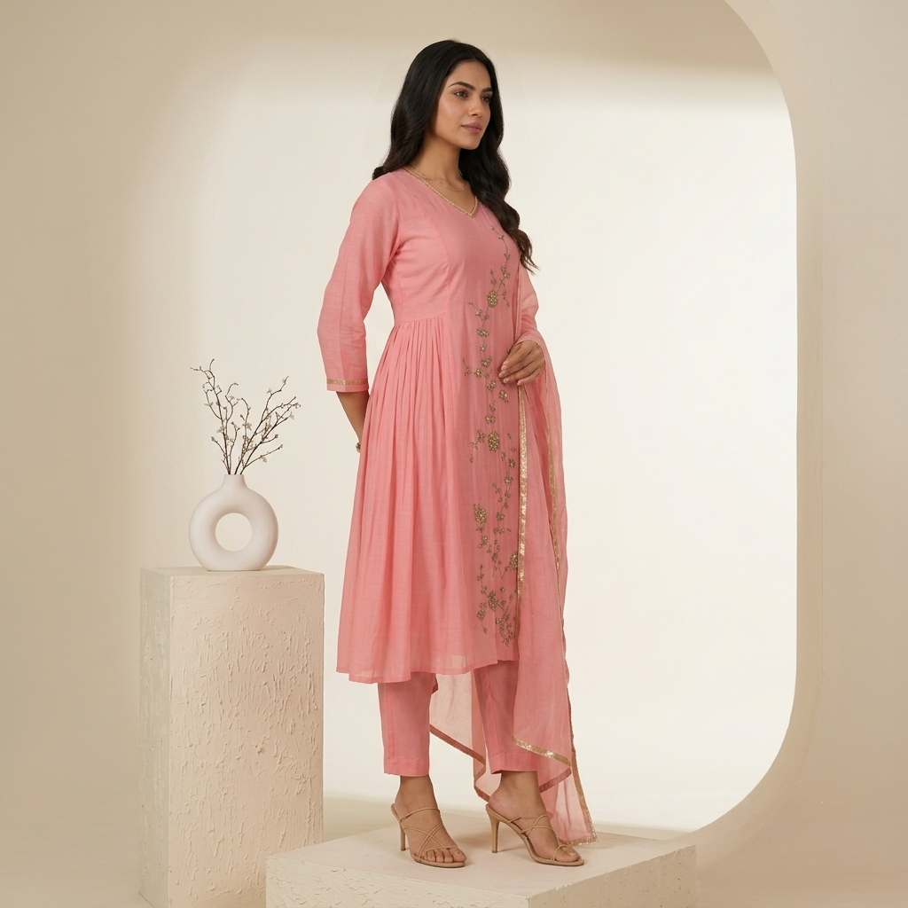 Pink Anarkali 3 Pcs Suit Set