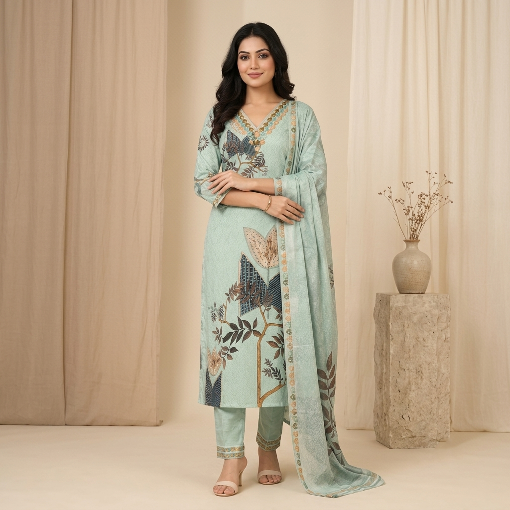 Botanical Breeze Print 3 Pcs Suit Set