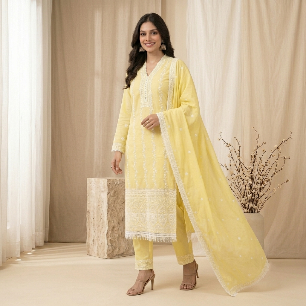 Lemon Yellow Embroidered 3 Pcs Suit Set