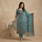 Teal Paisley Print 3 Pcs Suit Set