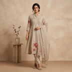 Beige Floral Anarkali 3 Pcs Suit Set