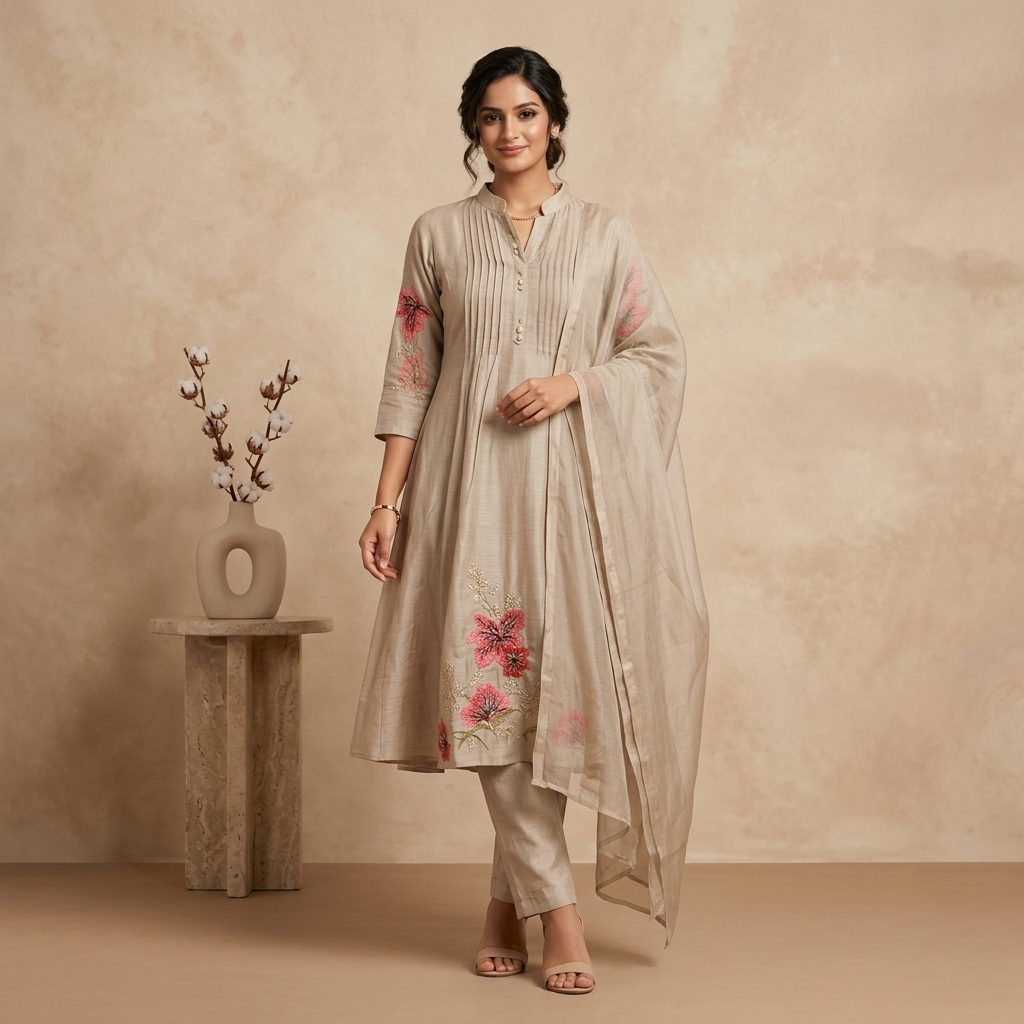 Beige Floral Anarkali 3 Pcs Suit Set