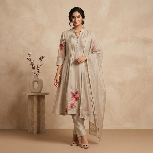 Beige Floral Anarkali 3 Pcs Suit Set