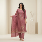Rosewood Pink Floral Embroidered 3 Pcs Suit Set