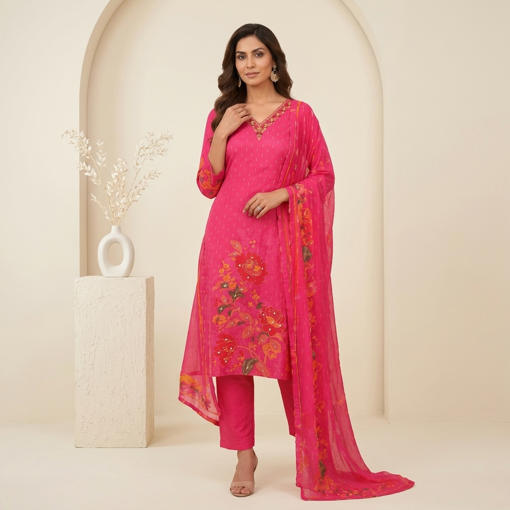 Fuchsia Floral 3 Pcs Suit Set