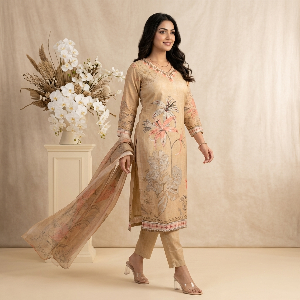 Beige Blossom Printed 3 Pcs Suit Set